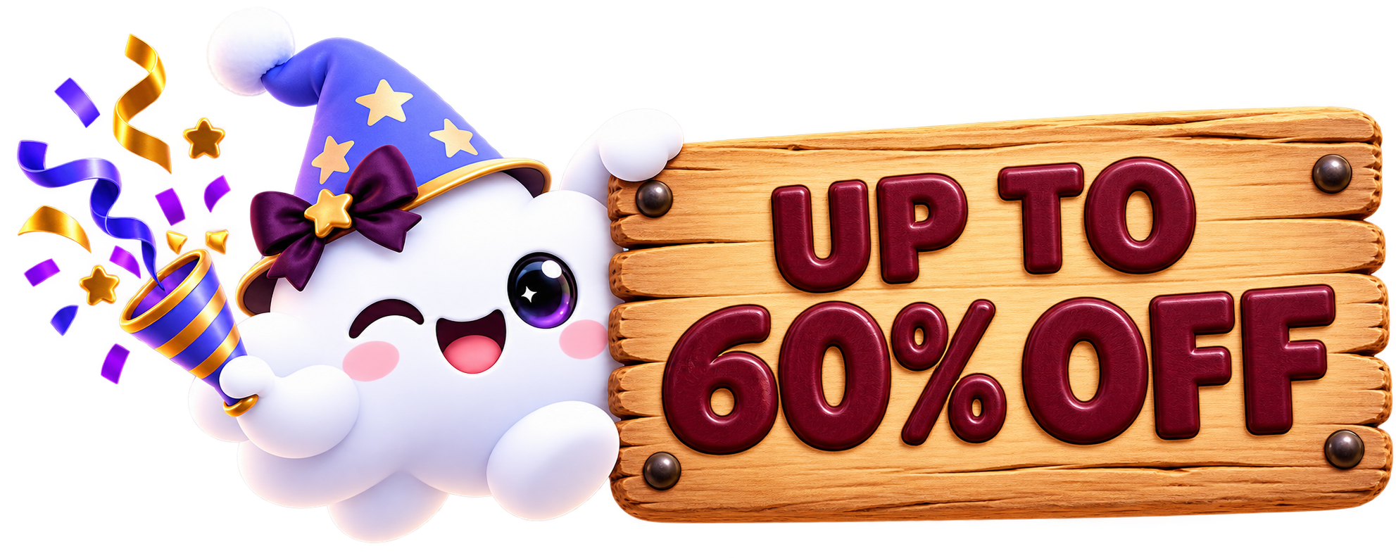 Celebratory sale mascot holding an up to 60% off sign