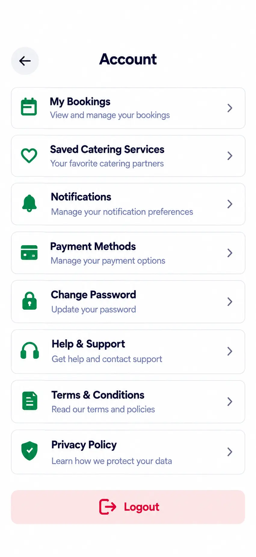 Catering app home screen
