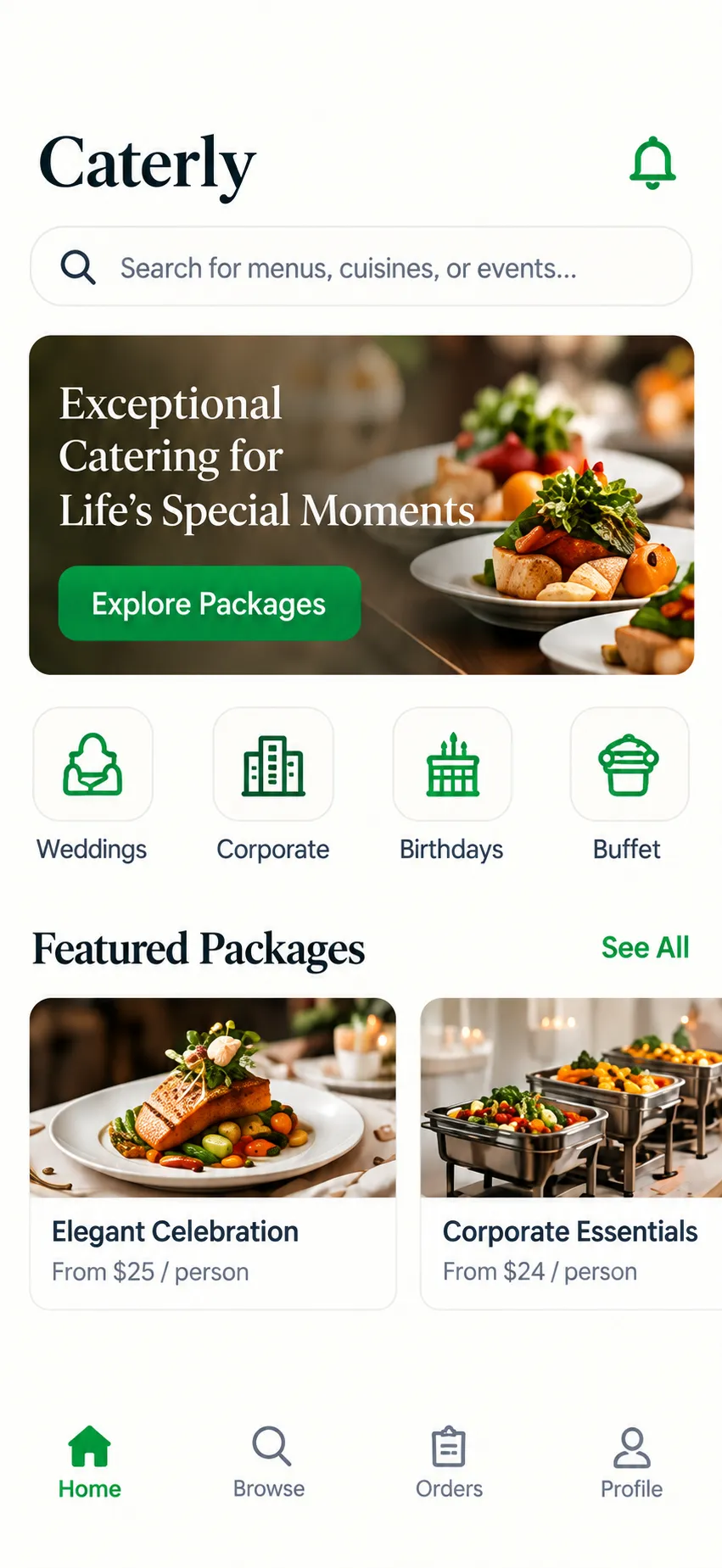 Catering app home screen