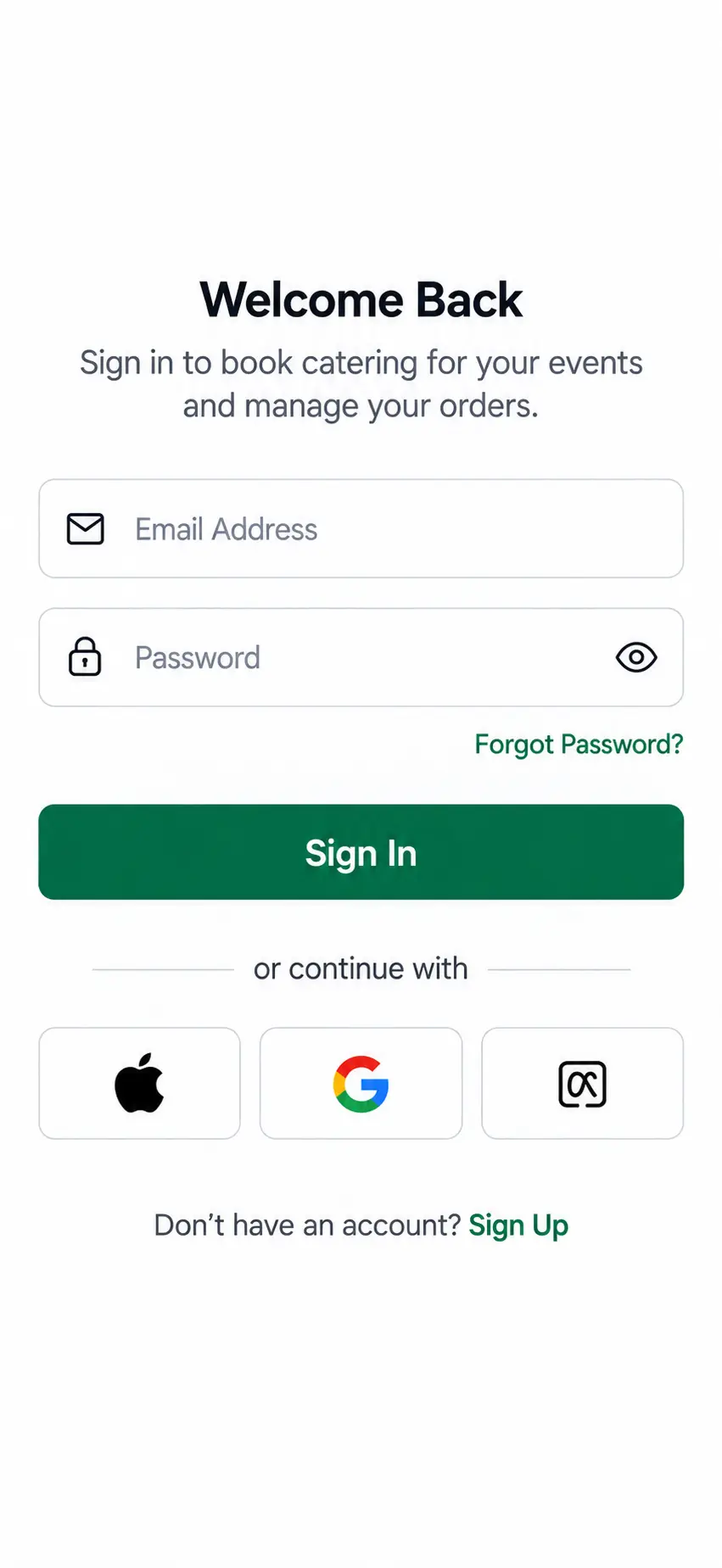 Catering app home screen