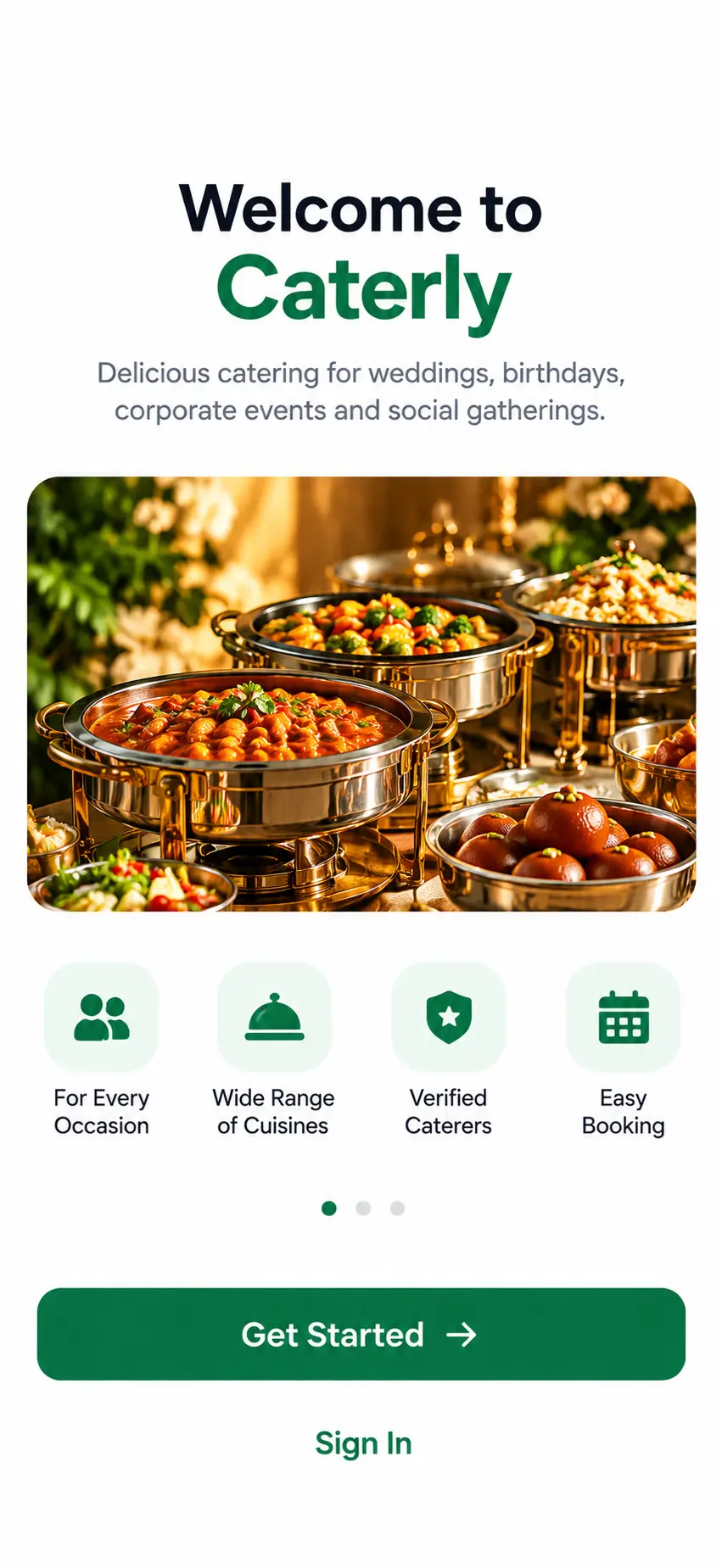Catering app home screen
