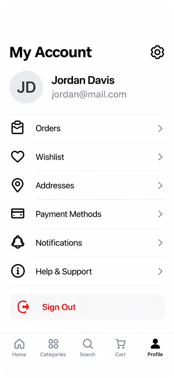 Account page app screen