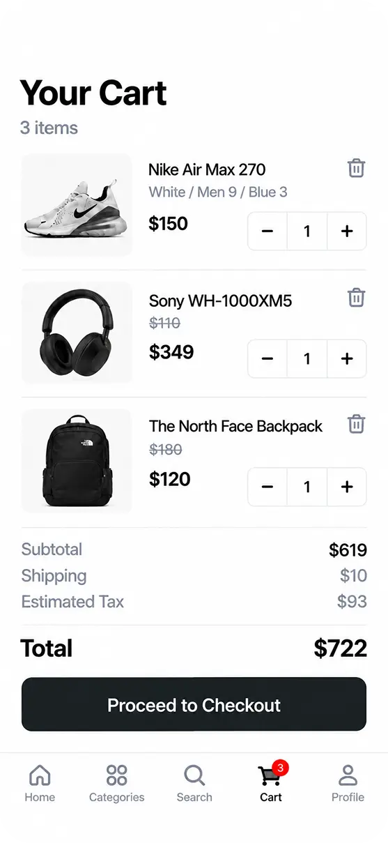 Smooth cart experience app screen