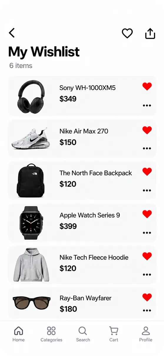 Wishlist page app screen