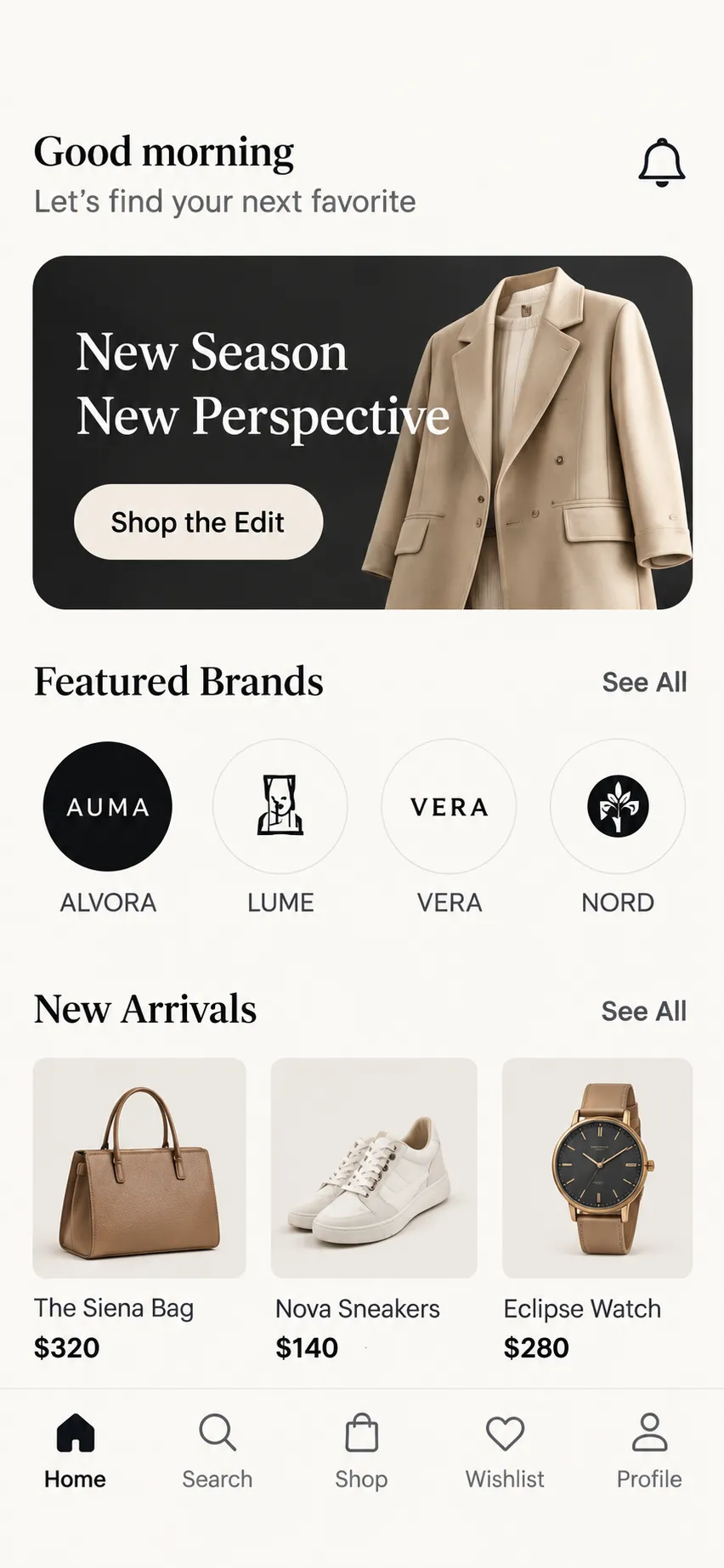 Fashion Brands app home screen