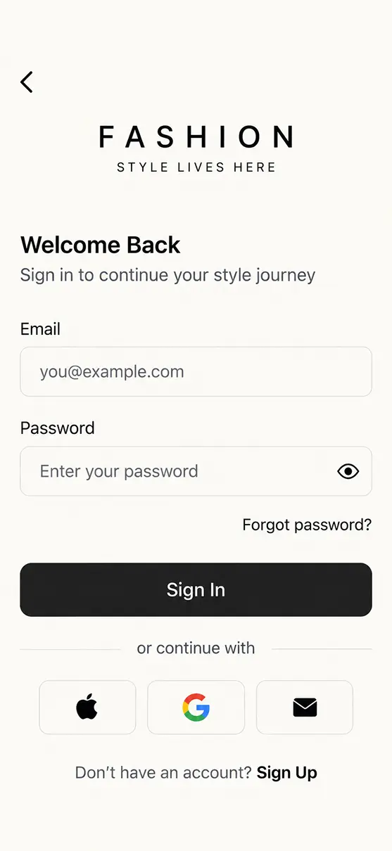 Fashion Brands app home screen