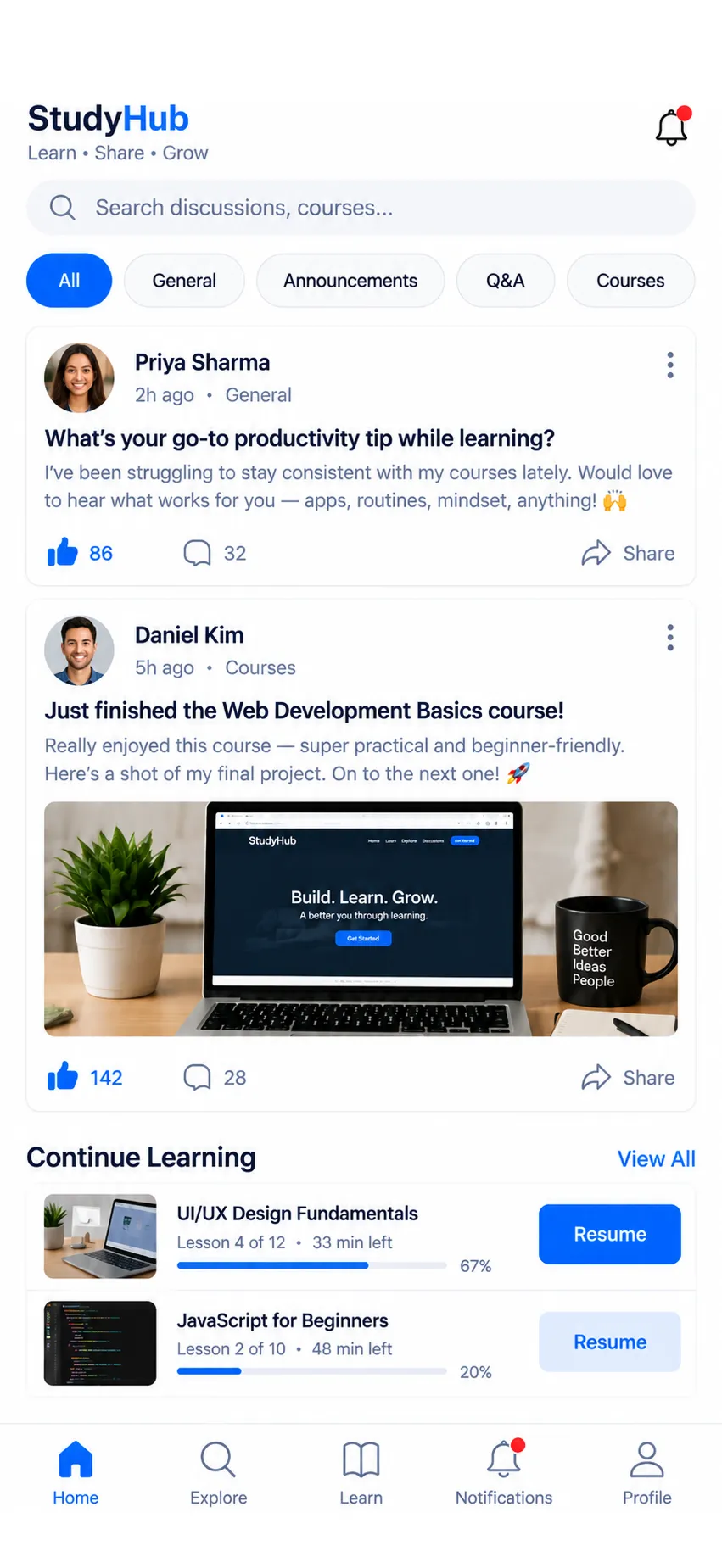 Forum app home screen