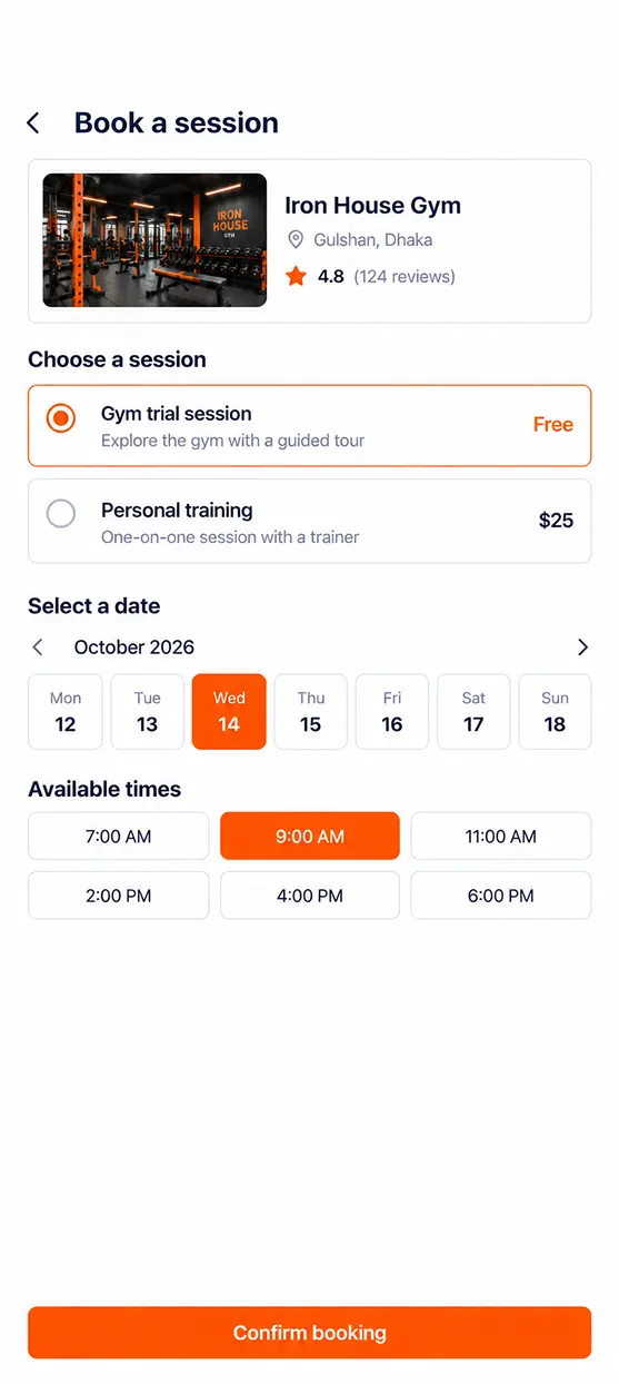 Gyms/Fitness app home screen