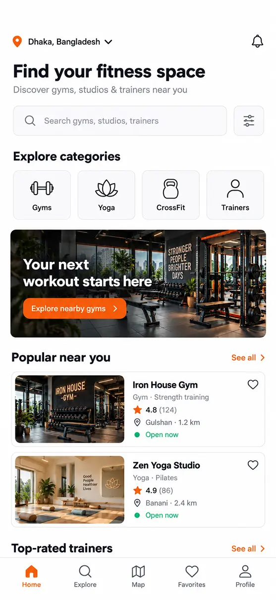 Gyms/Fitness app home screen