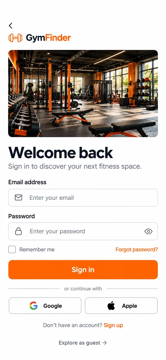 Gyms/Fitness app home screen