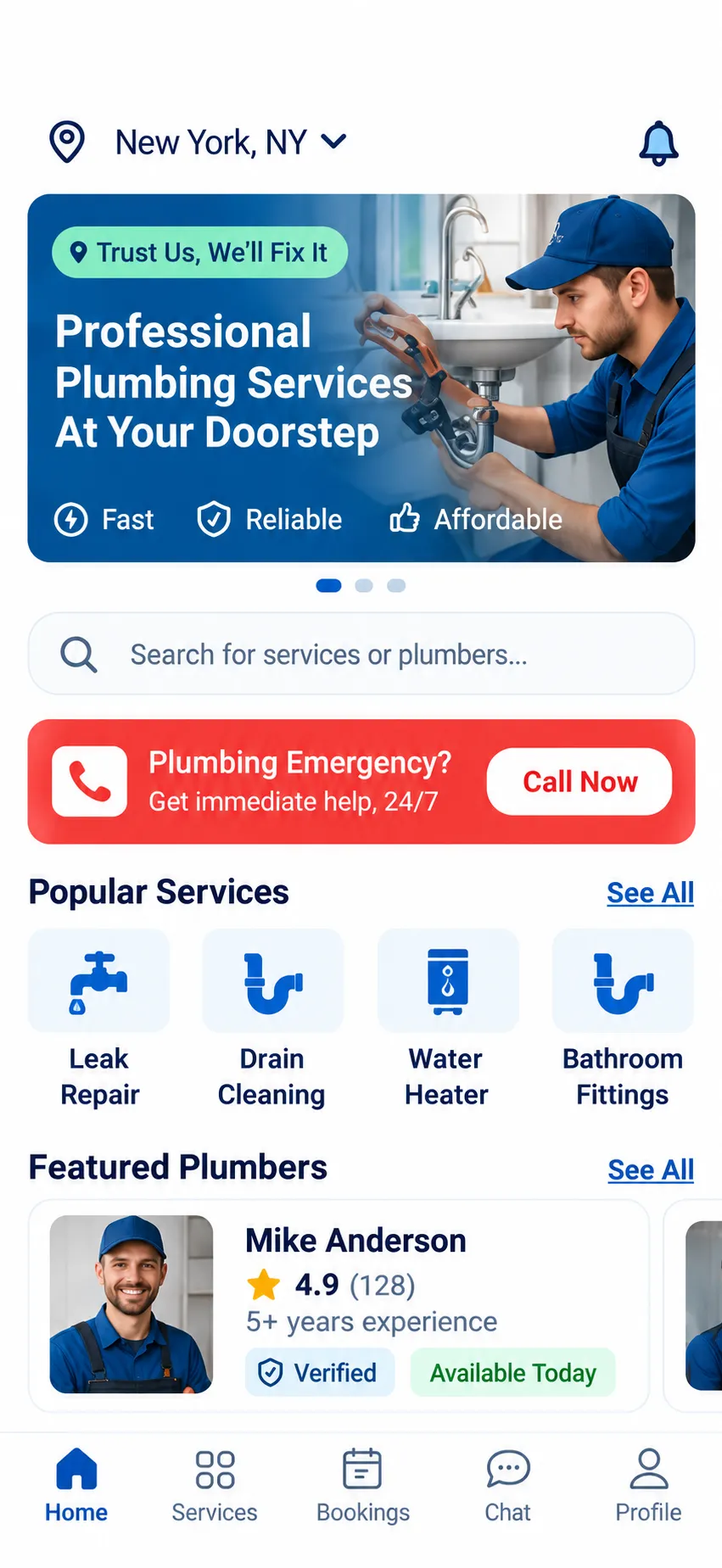 Plumbers app home screen
