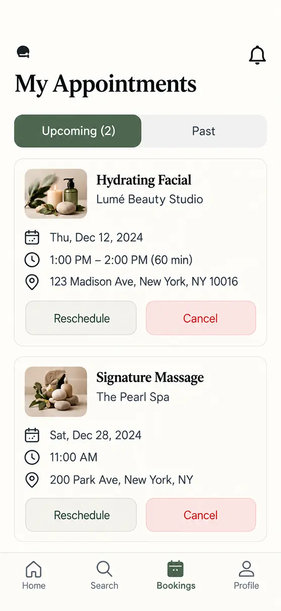 Salons/Spas app home screen