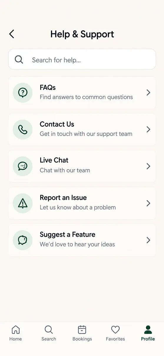 Salons/Spas app home screen