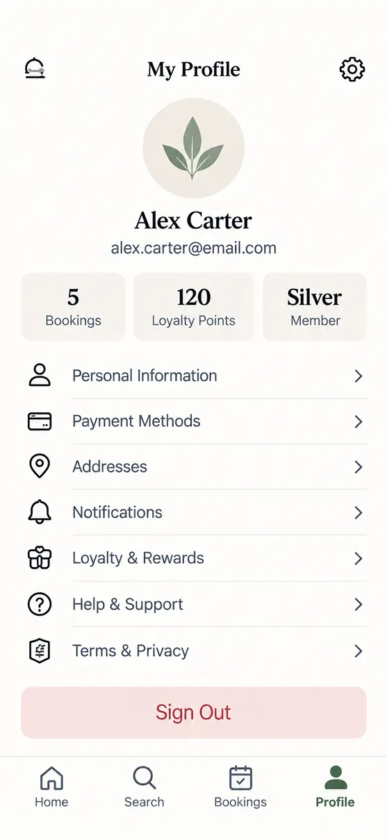 Salons/Spas app home screen