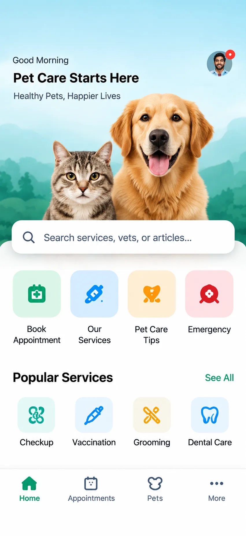 Veterinary app home screen