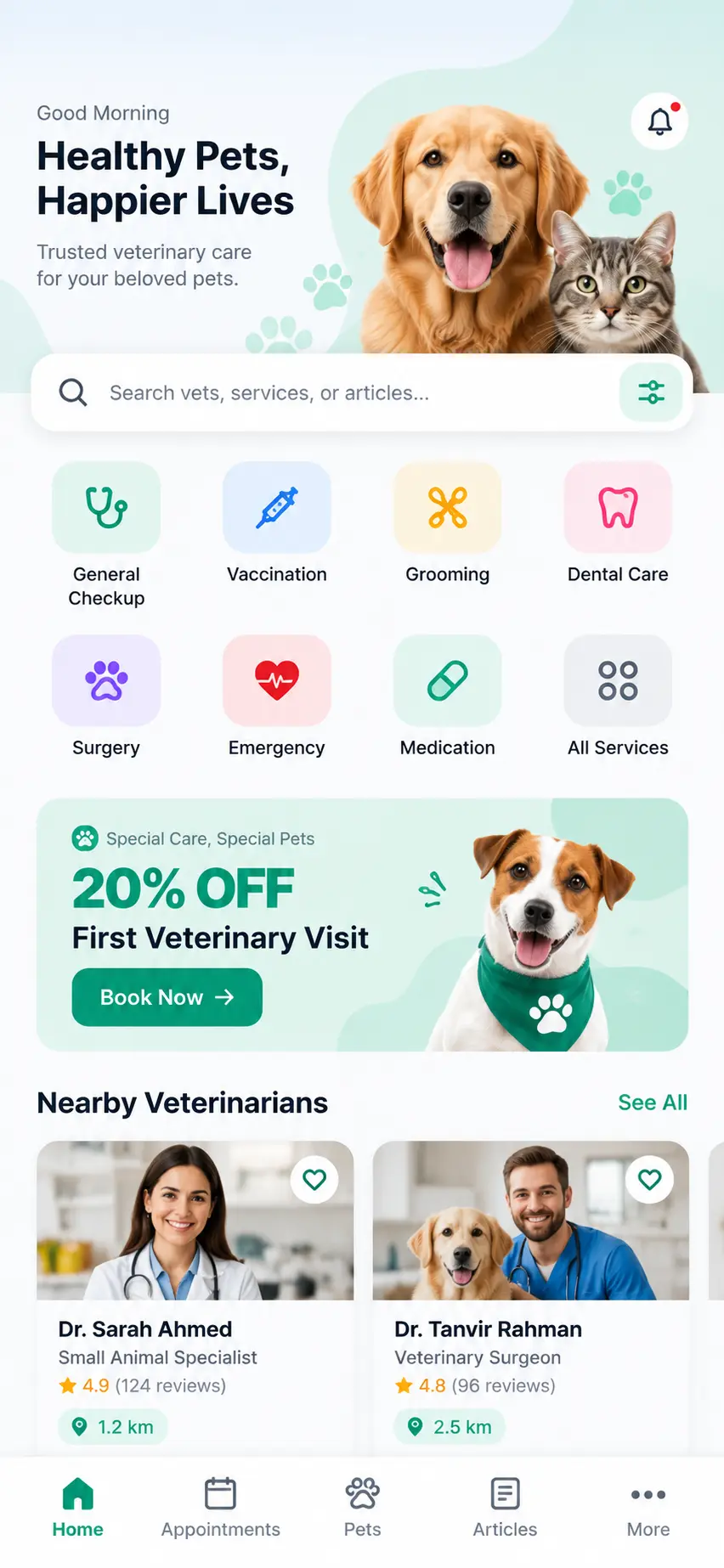 Veterinary app home screen