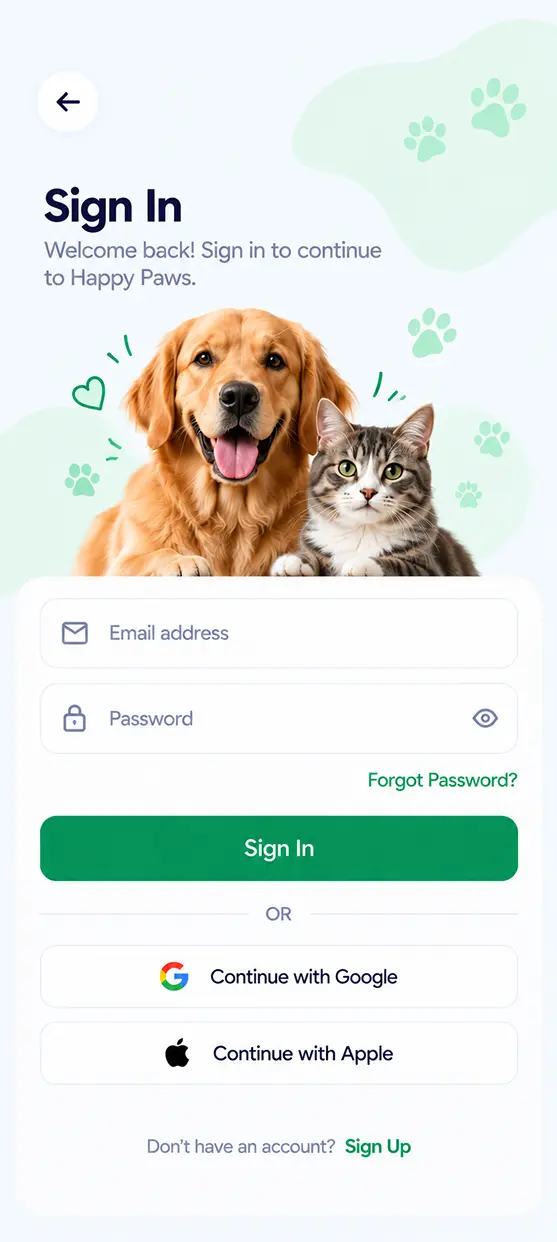 Veterinary app home screen