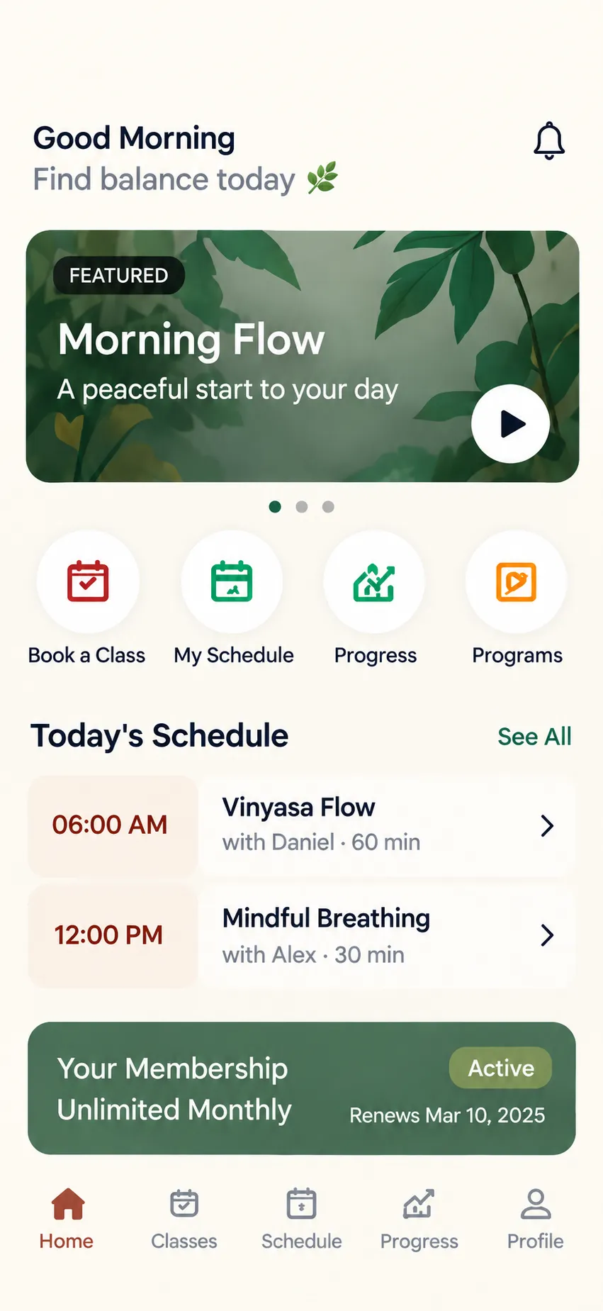Yoga Studios app home screen