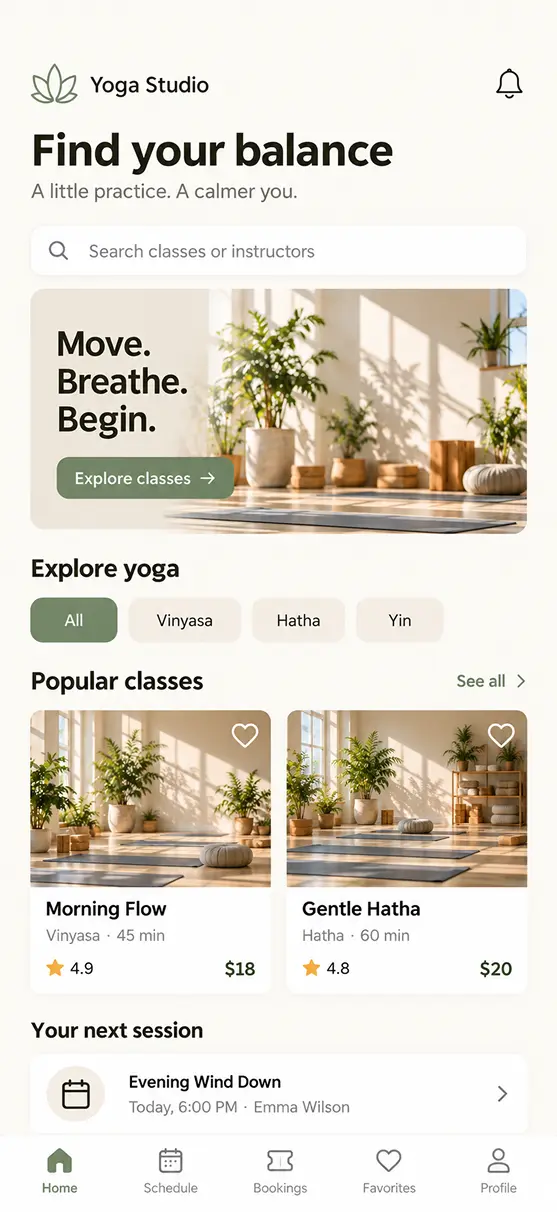 Yoga Studios app home screen