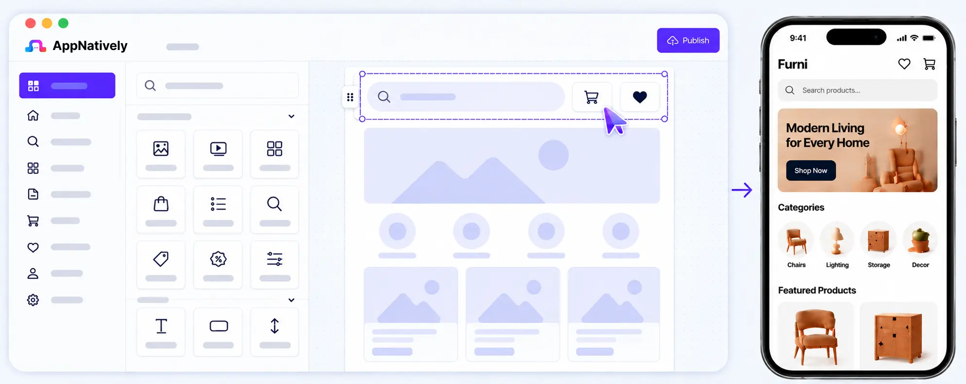 AppNatively builder editing an ecommerce header with the resulting mobile app preview