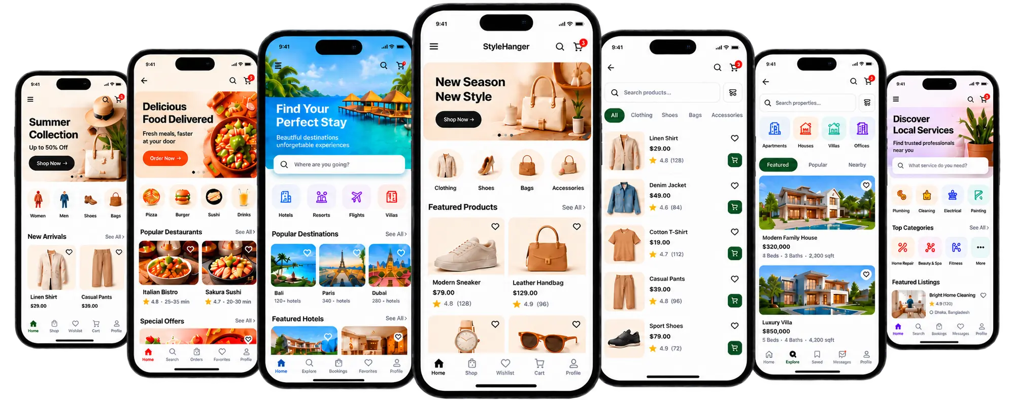 Seven native app interfaces created with AppNatively components