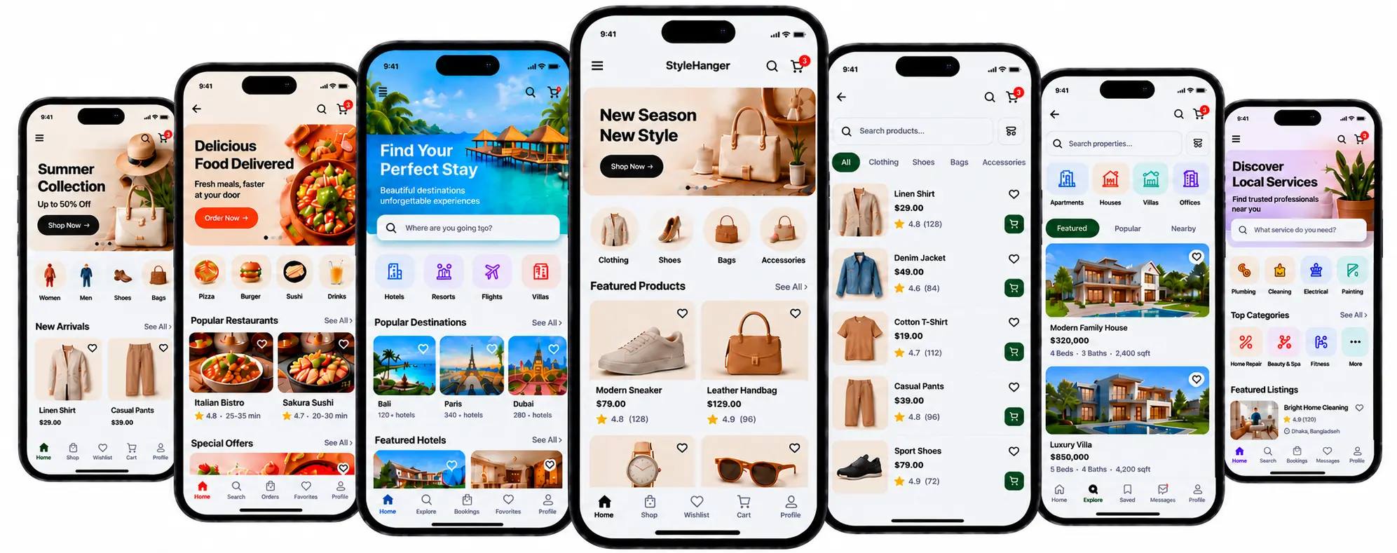 Seven native app interfaces created with AppNatively components