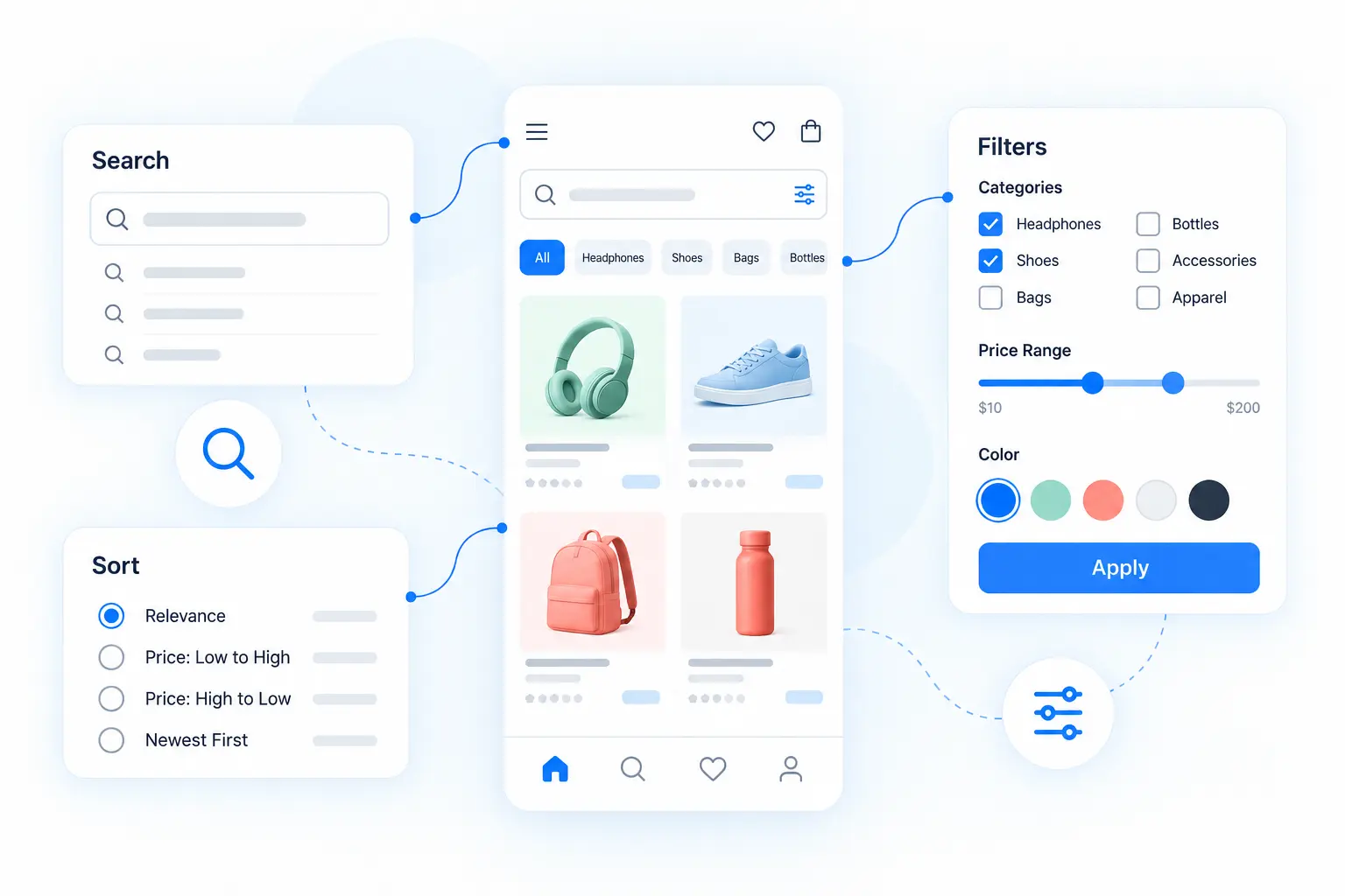 Native mobile product search preview with search suggestions, category filters, a price slider, color swatches, and sorting controls
