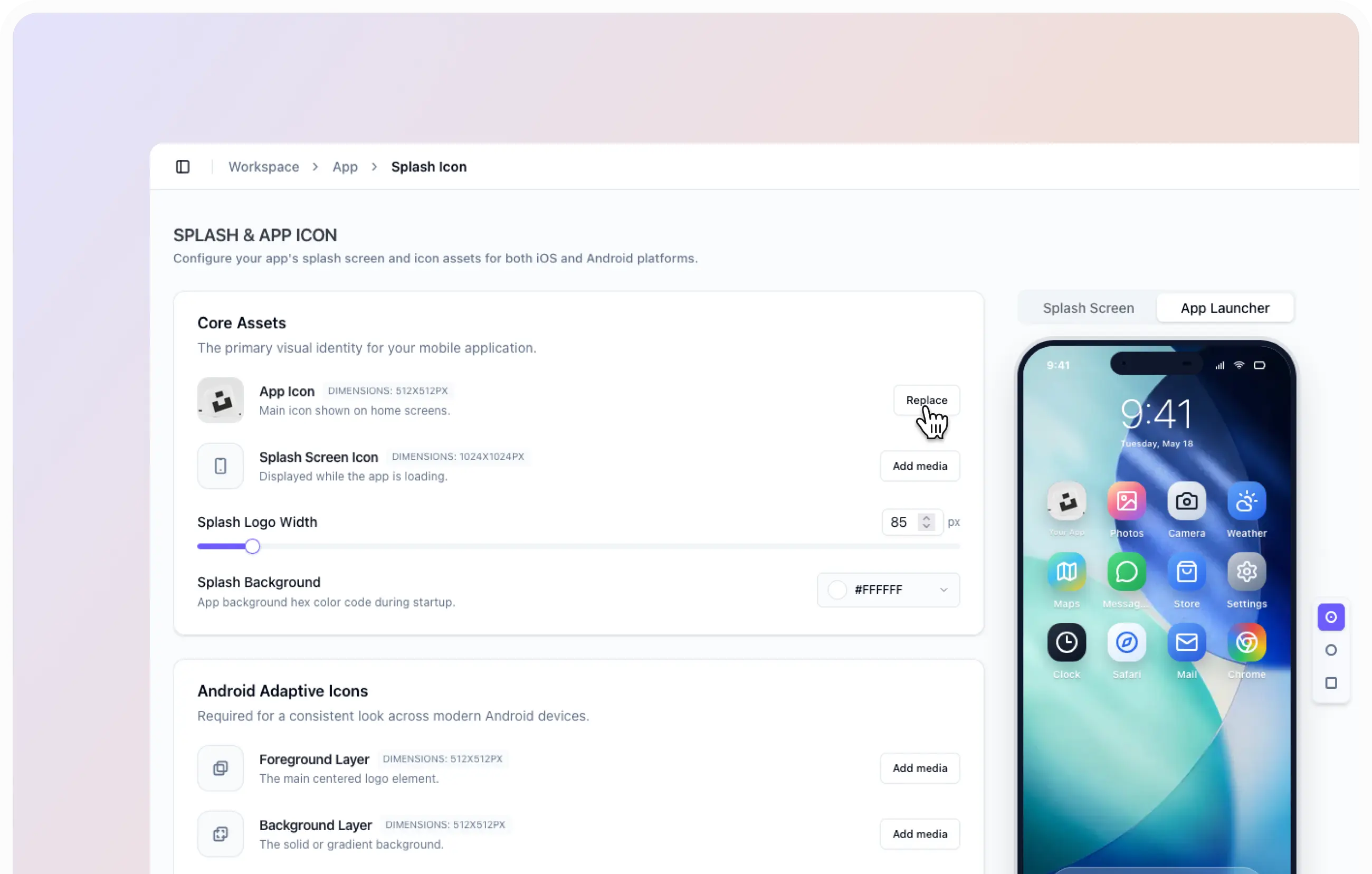 AppNatively splash screen and app icon customization preview